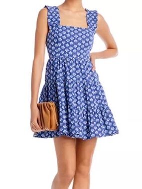Aqua Floral Tile Print Poplin Tiered Mini Dress